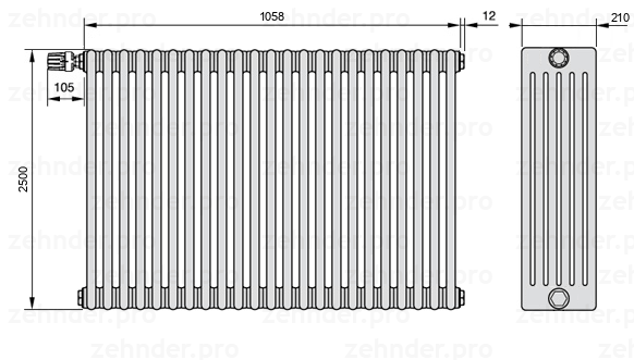 Схема (чертеж) Радиатор Zehnder Charleston 6250/23 №V011 Белый глянцевый RAL 9016